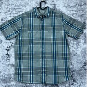 Woolrich Men Shirt Large Green Blue Plaid Short Sleeve Button Up Outdoor Hiking